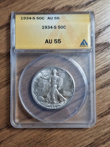 1934 S ANACS AU 55 WALKING LIBERTY HALF DOLLAR.