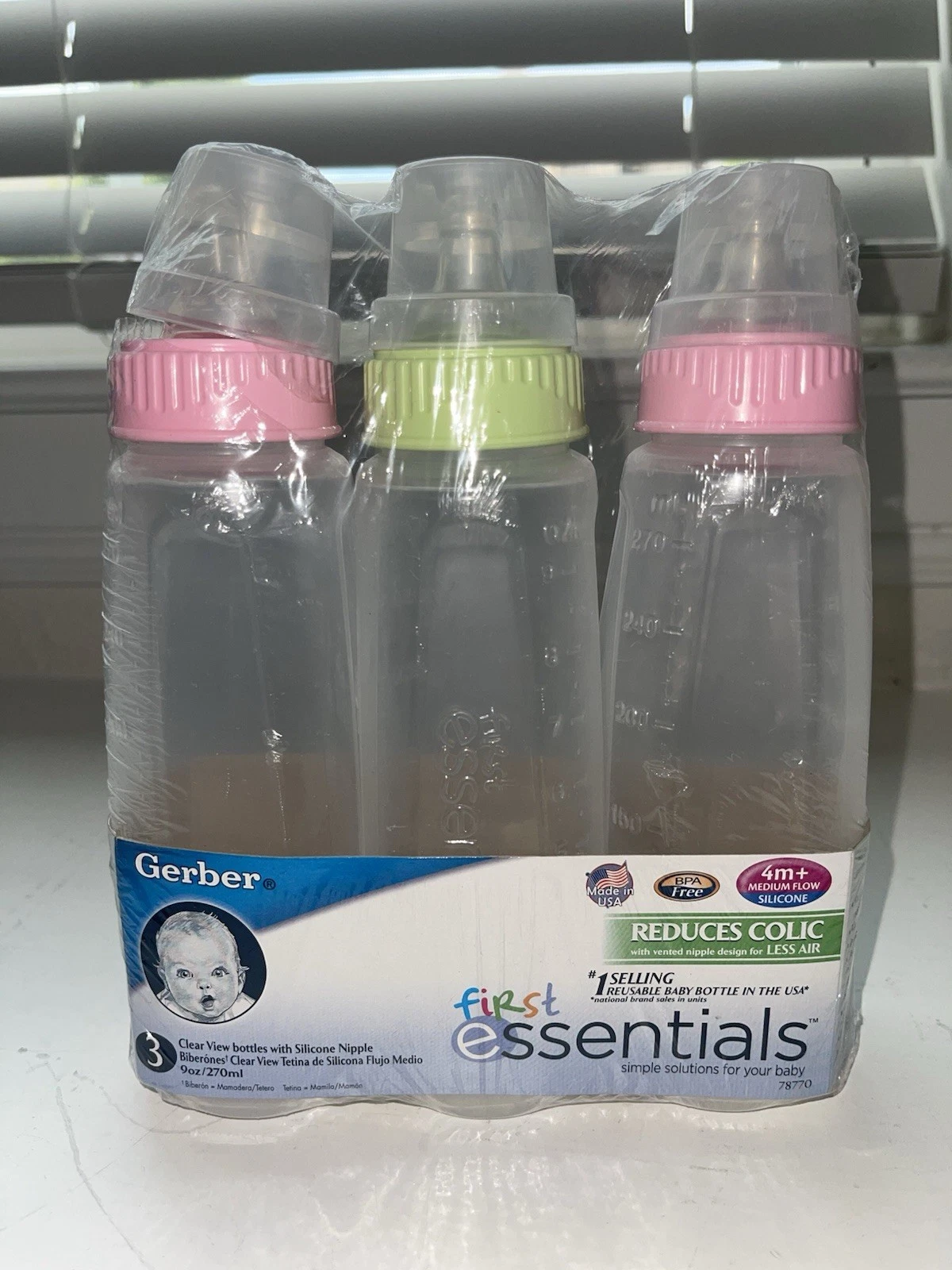 GERBER 2010 FIRST ESSENTIALS 3 PACK BOTTLES 9oz REDUCE COLIC SILICONE NIPPLE