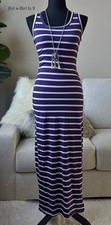 USA New Women's PURPLE WHITE STRIPED BOHO MAXI RACERBACK TANK DRESS S M L XL