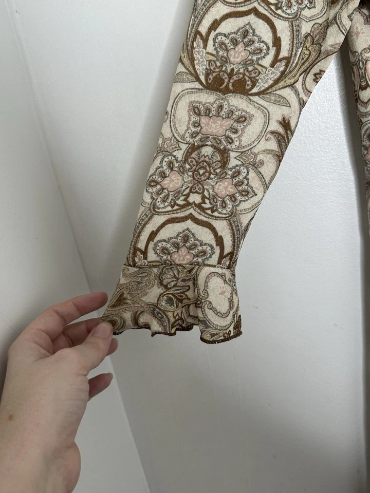 Винтажный 90-х влажная печать коричневый пейсли фея флаттер рукав коттеджкор платье Sz L - Изображение 4 из 4