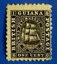 British Guiana 1866 QV 1¢ Black Medium Paper Perf 10 Sc#50 Mint Stamp