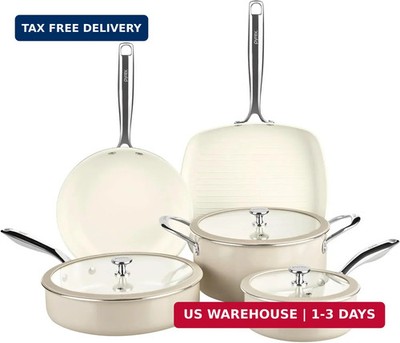 Pyrex 8-Piece Ceramic Cookware Set, Pots and Pans with Lids & Stainless Steel Ha