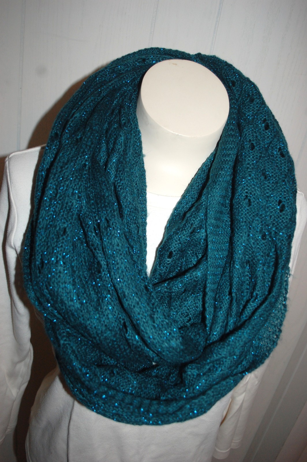 Teal Green Infinity Cowl Scarf Crocheted Jersey Knit Warm 29x74-image