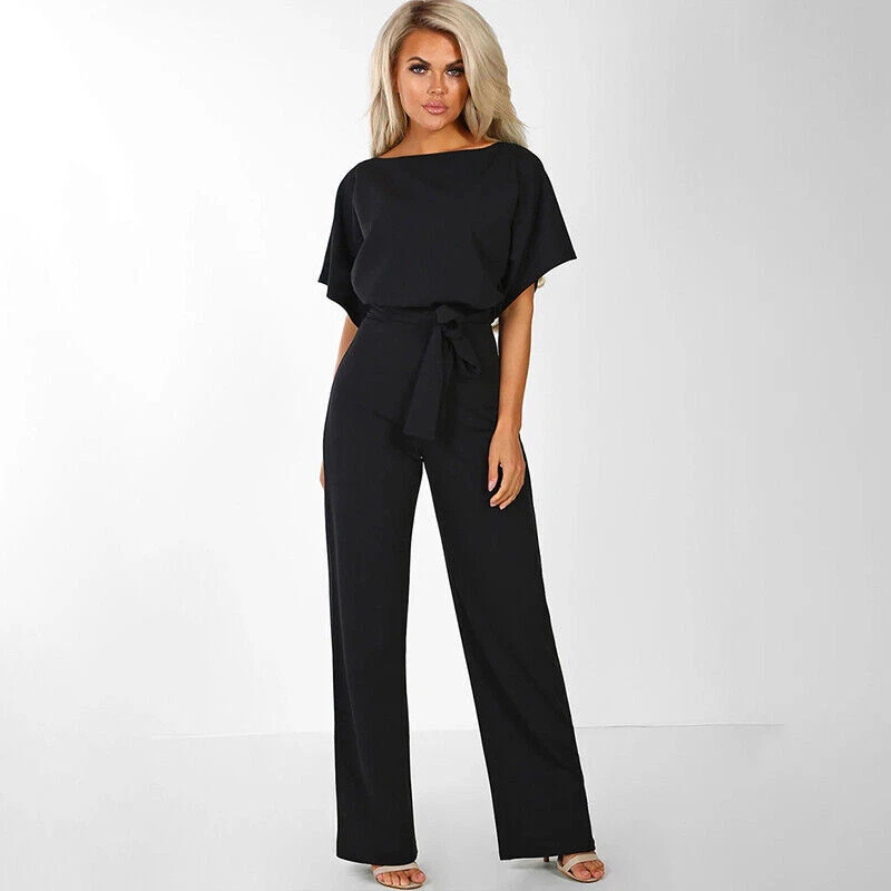 Damen Jumpsuit Elegant Lang Einteiler Sommer Hosenanzug Gürtel Clubwear OverallO - Bild 4 von 4