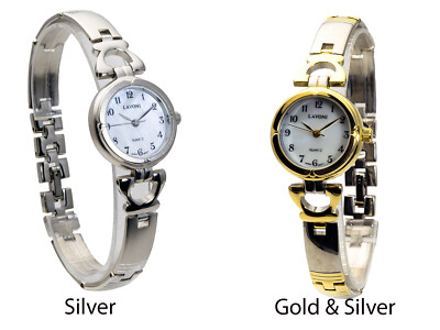 LAVONI:WOMENS' SILVER/GOLD METAL FINISH ROUND CASE MOP DIAL ANALOG QUARTZ WATCH