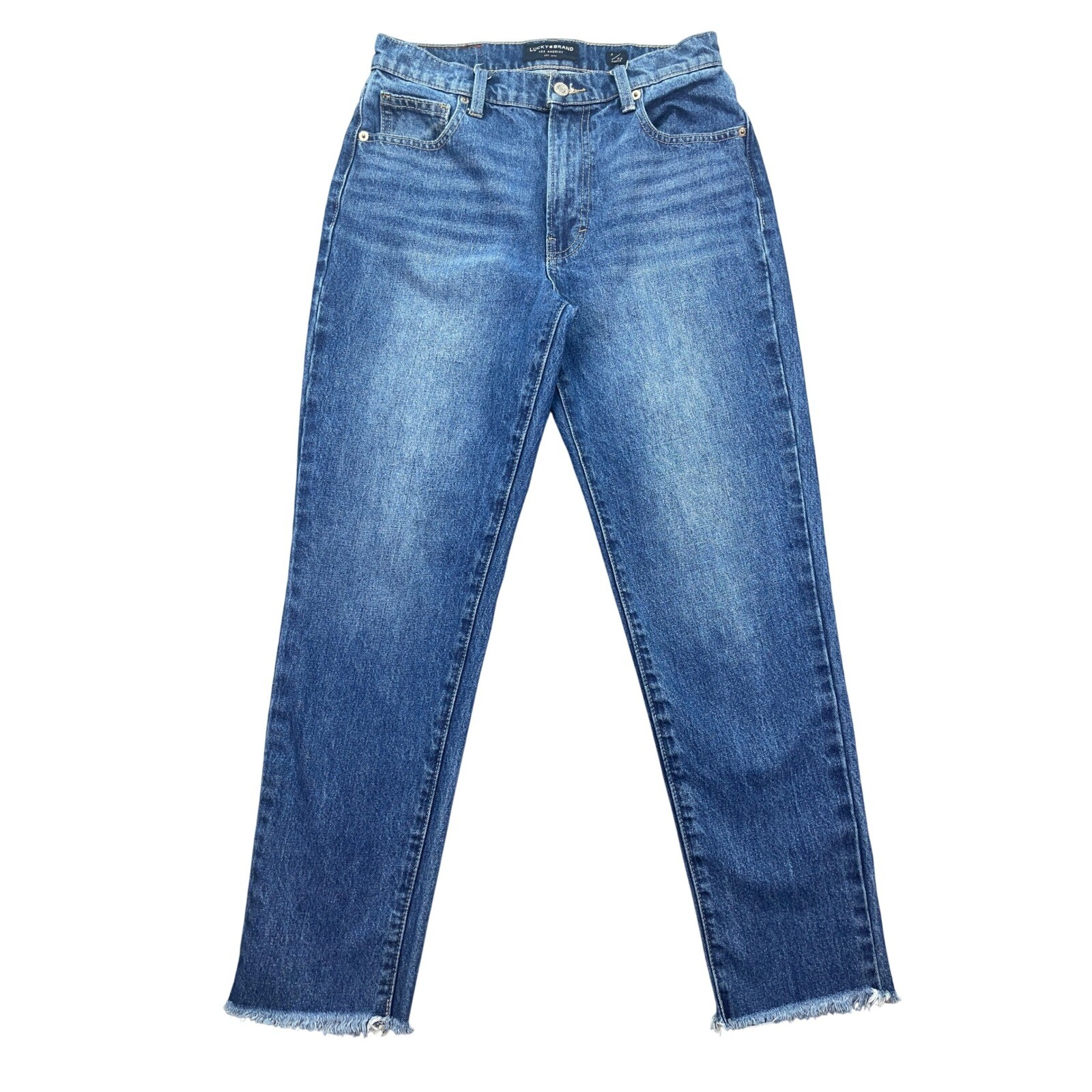 Lucky Brand High Rise Mom Jeans Drew Ankle Frayed Hem Denim Size 2/26 Fits 27