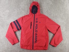 US Polo Assn. Mens Jacket Medium Red Full Zip Windbreaker Polyester Hooded Lined