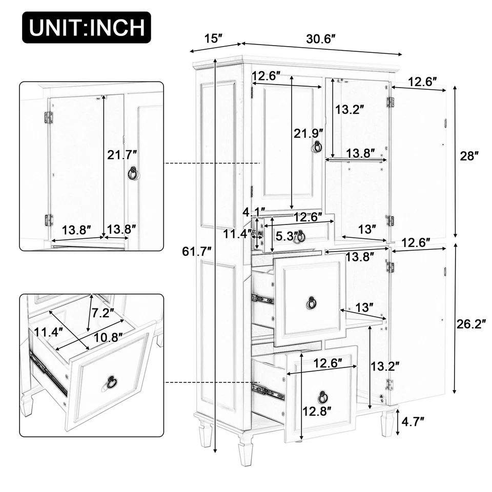 Retro Multi-Functional Storage Cabinet with Adjustable Shelves Drawers Organizer - Image 2 of 4