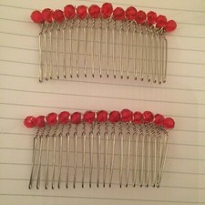  2 Vintage Fuchsia Hot Pink Czech Crystal Bead Silver Metal Hair Comb Combs