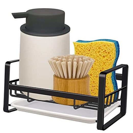 Matte Black Kitchen Sink Caddy Organizer with Sponge Holder and Drain Tray-image