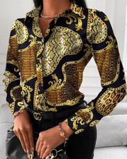 Womens Ladies PRINT Long Sleeve Button Work Shirt Collar Office Blouse Plus Size