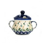 Sugar Bowl & Lid-Blue Dots w/Green Mistletoe - 9x12x8.5cms - Polish Pottery