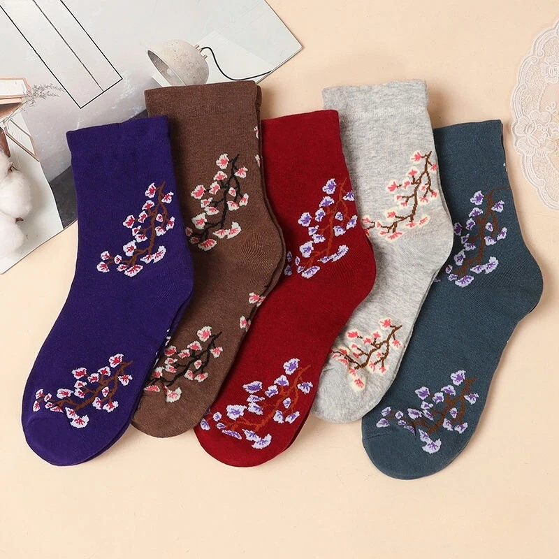 5 Paires Femme Coton Mélange Floral Chaussettes Prune Fleur Motif Collants Thick - Photo 2/4