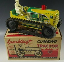 MARX 1950's CLIMBING TRACTOR SET SPARKLING TIN MIB WINDUP TOY YELLOW WITH BOX 9