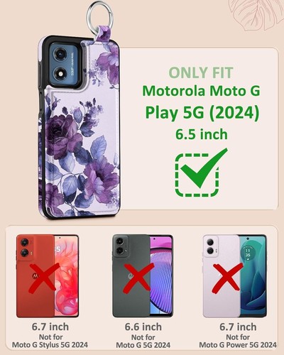for Moto G Play 2024 Wallet Case with Card Holder - Designer Purple Flower Pa... - Picture 3 of 7
