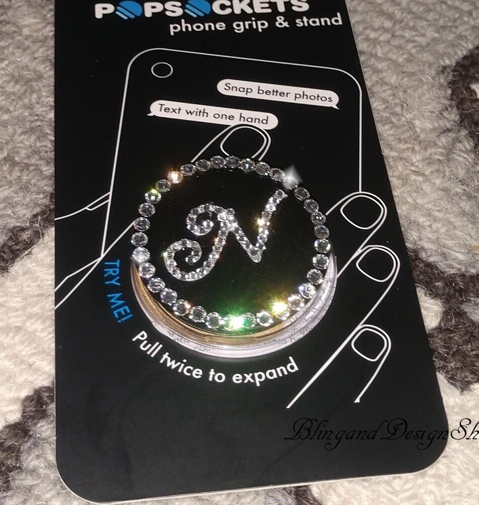Handmade Bling Black Popsocket made with Clear Swarovski Crystals-image