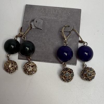 Talbots 2 Pair Double Ball Drop Earrings Navy Blue Emerald Green Rhinestone
