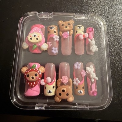 Pink Brown White 3D Bear Bunny Flower Med.  Square Full Cover Press-On Nails Set