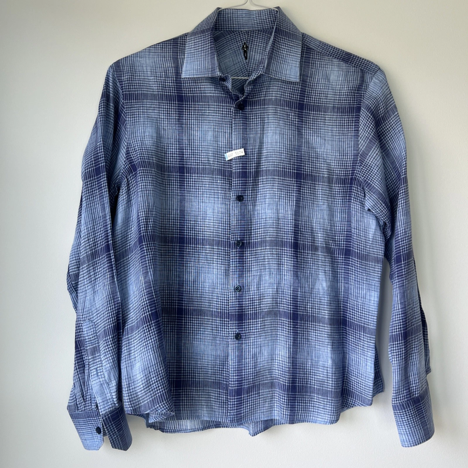 100% Linen Mens Medium? Blue Plaid Long Sleeve Button Front Shirt