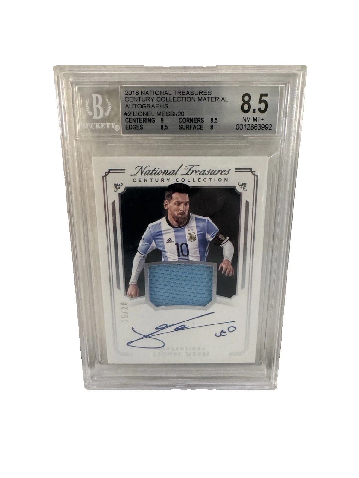 Lionel Messi 2018 National Treasures Collection Patch On Card Auto /20 BGS 8.5 view 3