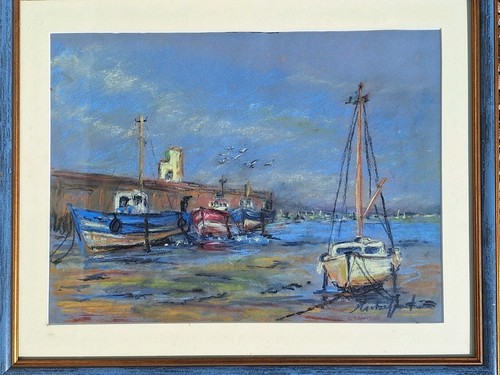 Tableau ancien paysage marin bateaux voiliers encadré signé - Photo 15 sur 16