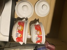 2 LOT Campbell?s M?m Good! Soup 5? Bowls Girl Boy Kids On Bench Eating W/ Lids