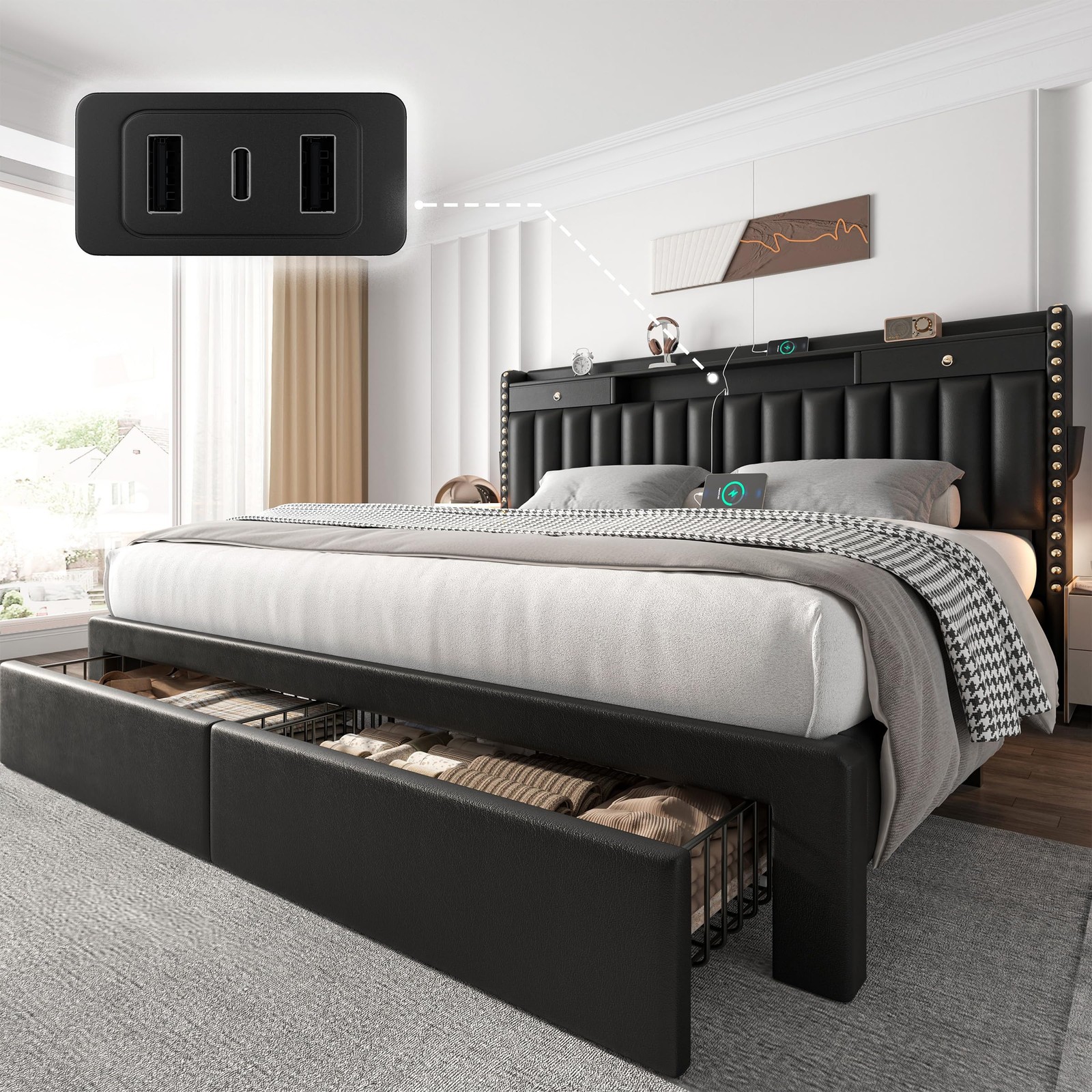 With 2 Tier Storage Headboard King Bed Frame Black
