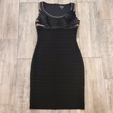 Adrianna Papell Dress Womens Size 6 Bandage Shift Black Ribbon Flower Slimming