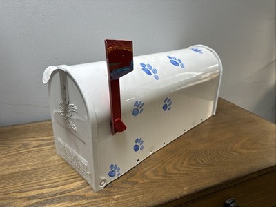 Classic White USPS Steel Mailbox with painted Dog Paw Prints +  Mail more love 