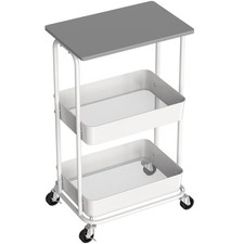 2-Tier Rolling Utility Cart with Lockable Wheels and Wood Top, Metal Storage ...