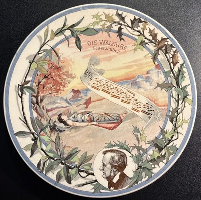 Antique French faience Sarreguemines plate, Die Walkure opera Richard Wagner
