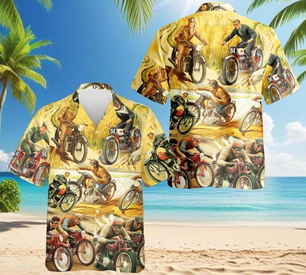 Vintage Motorcycle Racing Hawaiian Shirt for Men, Retro Biker Shirt