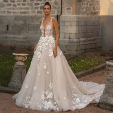 Glamorous Backless Wedding Gown Court Train Tulle V-neck Sleeveless Appliques