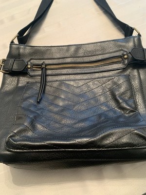 Black Faux Leather Crossbody Bag with Chevron-Stitched Front Zip Pocket 