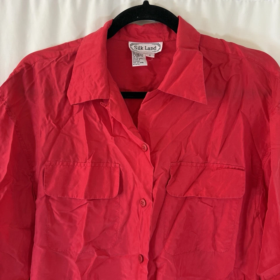 Camisa Silk Land para mujer pequeña roja con botones manga larga 100 % seda pura Foto 2 de 4