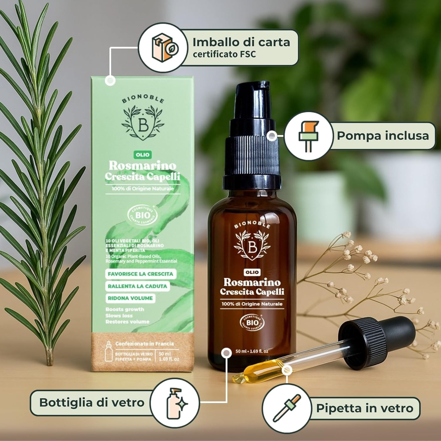 BIONOBLE Olio di Rosmarino Bio Capelli - Stimola Crescita e Nutre 50ml