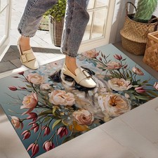 Pug Floral Indoor Front Door Mat NonWoven Anti Slip Welcome Entryway Rug