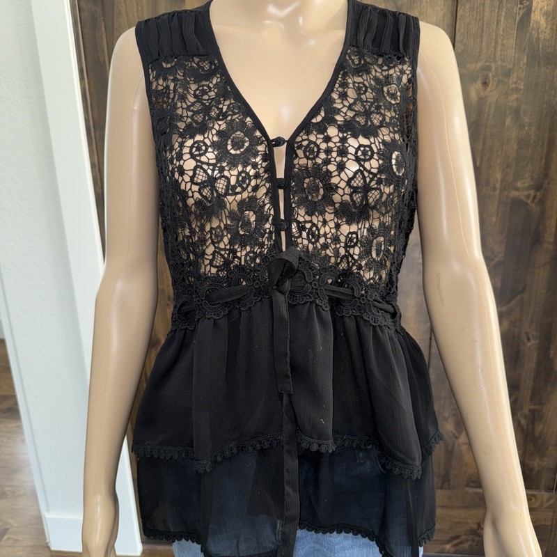 Womens Lace Layered Sheer Chiffon Floral Top Babydoll Black Size M - 038