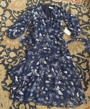 New Eliza J Navy Blue Embroidered Floral Butterfly Ruffle A-Line Dress Size 2