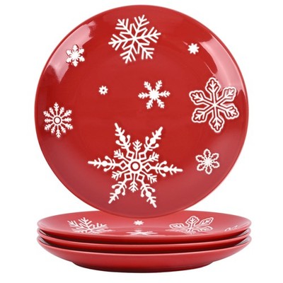 Ollieroo 4 Pieces Ceramic Christmas Salad Plates Set, 8 Inch White Red Snowfl...
