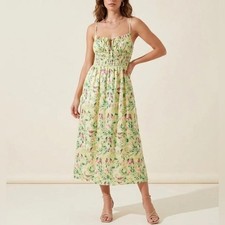 ASTR The Label Women's Ruched Cutout Satin Midi Dress Size Medium Yellow Green