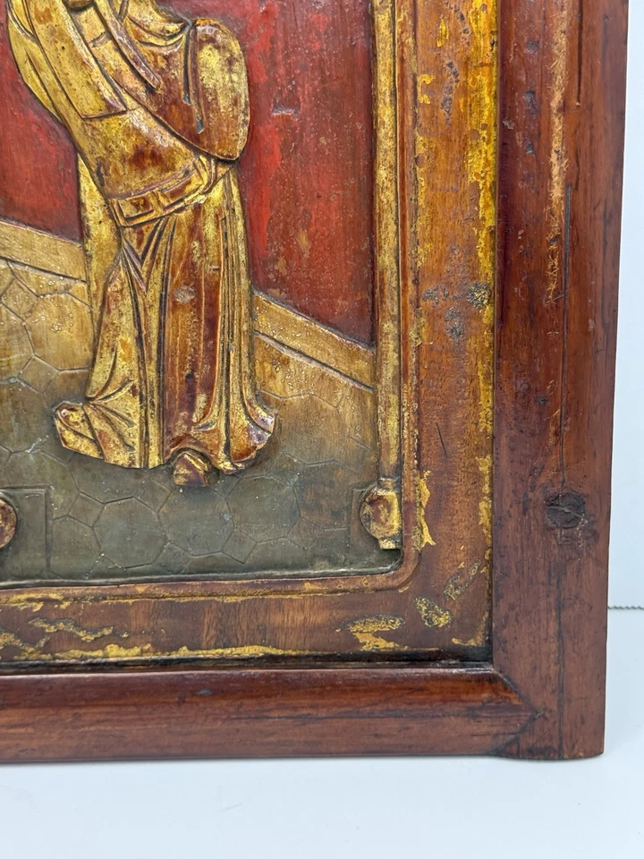 古董 19 世纪中国手工雕刻金红镀金木庙装饰 20.5 英寸 — 第 2/4 张图片