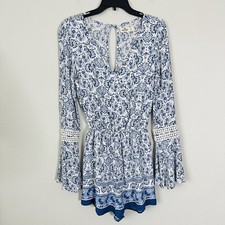 Hollister Blue Hippie Floral Long Bell Sleeve Boho Romper Shorts Sz S B-10