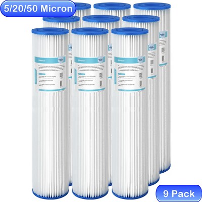 9 Pack 20x4.5'' 5/20/50 Micron Washable Pleated Sediment Water Filter Whole House