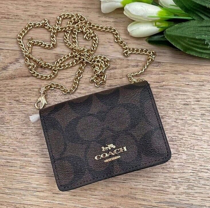 NWT Coach Mini Wallet On A Chain In Signature Canvas Brown/Black