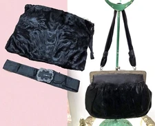 3Pc VTG 1920s Goth BROADTAIL Fur Muff, CHARMEUSE PURSE, Victorian Baroque BUCKLE