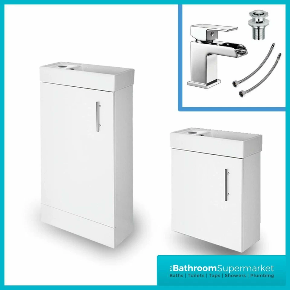 White Gloss Bathroom Vanity Unit Sink Basin Cloakroom Compact Cabinet Basin Tap
