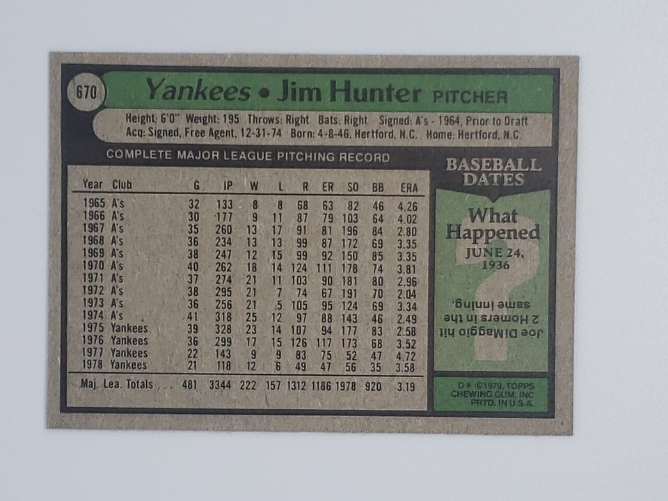 1979 Topps 670 Jim Catfish Hunter MLB New York Yankees eBay