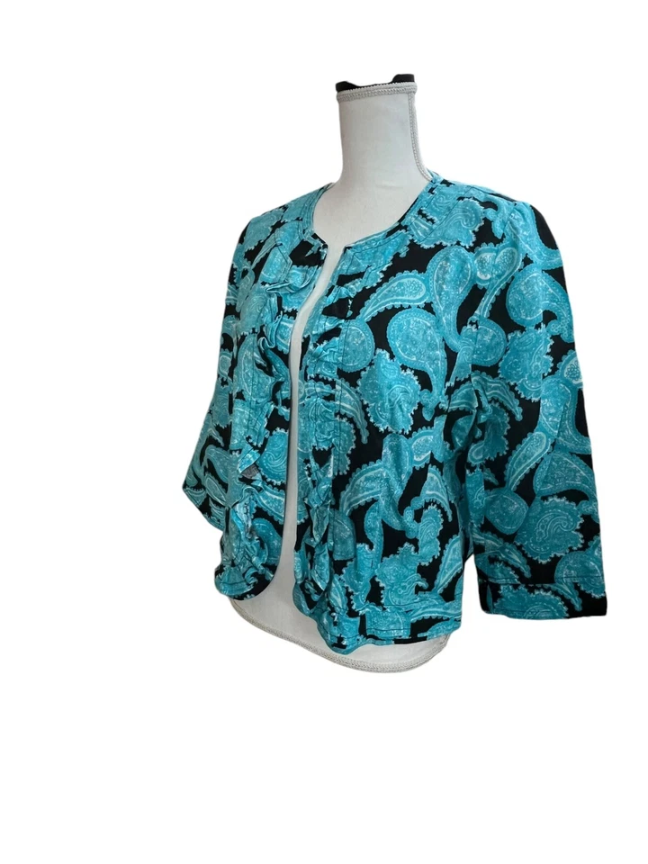 Chaqueta Blazer Kim Rogers Mujer PL Negra Azul Paisley Volantes Borde Frente Abierto Foto 3 de 4