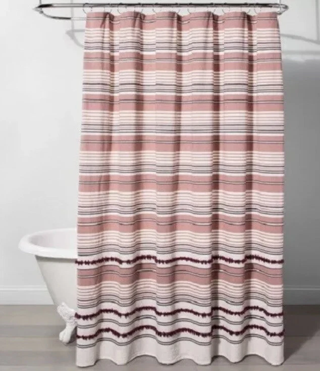 Opalhouse Peach Mauve Tassel Striped Shower Curtain Cotton NWT Bath Decor